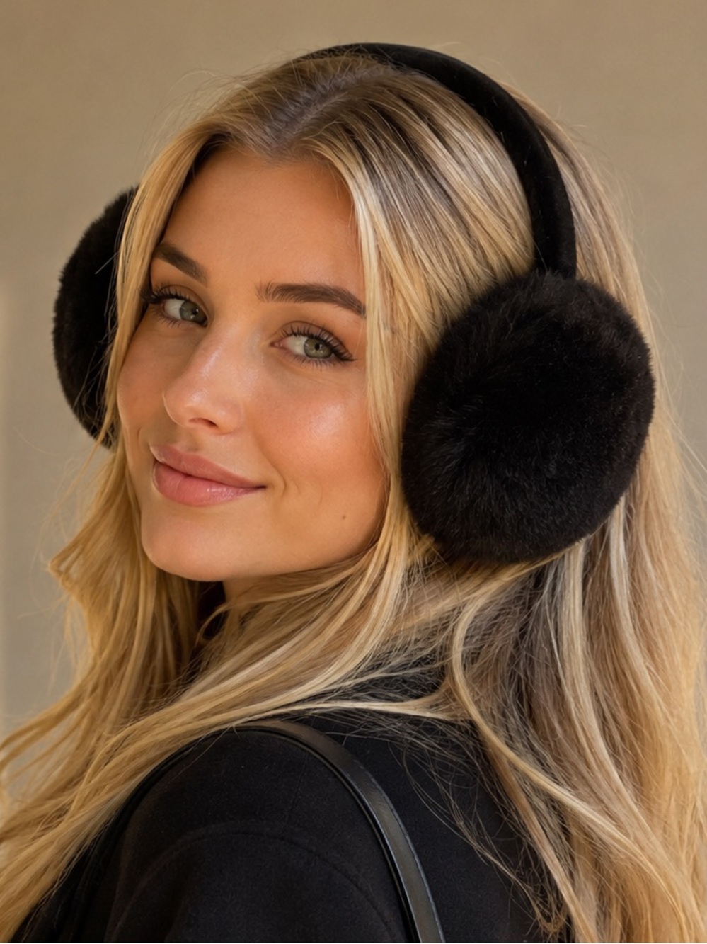 Black Faux Fur Earmuffs Adjustable Headband Winter Ear Warmers